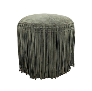 Suede Pouf with Fringe - Olive, front side, pouf ottoman, ottoman poufs, poufs, suede pouf with fringe, green ottoman, living room pouf, cotton filled, handmade, liamandlana.com
