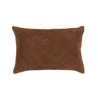 Raina Woven Lumbar Pillow - Brown 16" x 24", front side, handwoven pillow, handmade pillow, suede pillow, decorative pillow, brown throw pillow, brown woven pillow, lumbar pillow, zipper closure, down feather insert, liamandlana.com