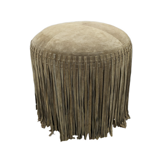 Suede Pouf with Fringe - Light Brown, front side, pouf ottoman, ottoman poufs, poufs, suede pouf with fringe, brown ottoman, living room pouf, cotton filled, handmade, liamandlana.com