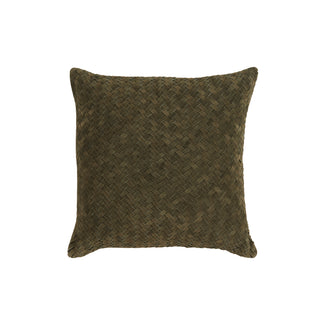 Raina Woven Pillow - Olive 20" x 20", front side, handwoven pillow, handmade pillow, suede pillow, decorative pillow, green throw pillow, olive pillow, zipper closure, down feather insert, liamandlana.com