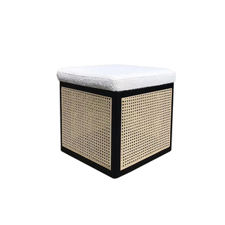 Sheldon Ottoman, side angle, pouf ottoman, ottoman pouf, poufs, ottoman, cube ottoman, living room ottoman, rattan, solid wood frame, boucle fabric, handmade, liamandlana.com