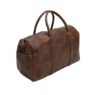 Zoe Leather Duffle Bag - Dark Brown, side angle, duffle bag, duffle bag leather, travel bag, weekend bag, men's duffle bag, women's duffle bag, genuine leather, handmade bag, luxury bag, fashion, liamandlana.com