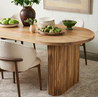 Serena Oval Dining Table, styled shot, dining table, dining room table, dining table oval, fluted base, natural finish, sustainable furniture, mango wood, handmade table, liamandlana.com
