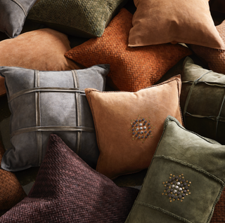 Amara Suede Pillow 20" x 20", styled shot, brown suede pillows, brown throw pillow, handmade pillow, decorative pillow, zipper closure, down feather insert, liamandlana.com