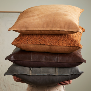 Amara Suede Pillow 20" x 20", styled shot, brown suede pillows, brown throw pillow, handmade pillow, decorative pillow, zipper closure, down feather insert, liamandlana.com