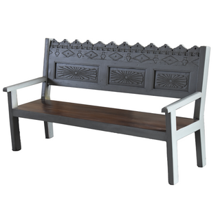 One-Of-A-Kind Bench - Sage, front side, green bench, outdoor bench, wooden bench, one of a kind bench, handcarved bench, garden bench, patio bench, vintage bench, sustainable furniture, liamandlana.com