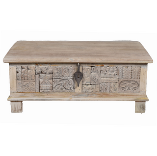 One-of-a-Kind Vintage Trunk - Natural, front side, coffee tables, coffee table storage, decorative, vintage, handn carved, coffee table trunk, reclaimed wood, sustainable furniture, liamandlana.com