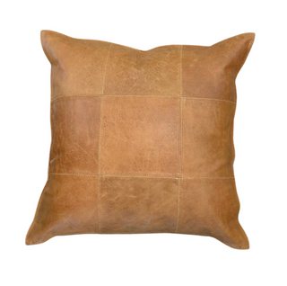 Divya Leather Pillow - Cognac 22" x 22", front side, genuine leather, handmade pillow, brown throw pillow, decorative pillow, zipper closure, down feather insert, liamandlana.com