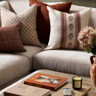 Chandra Pillow 22" x 22", styled shot, throw pillow, decorative, linen, burnt orange, sustainable, handmade, block-printed, fill included liamandlana.com