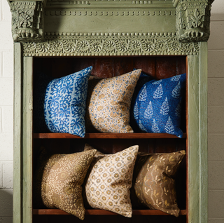 Aisha Blue Pillow - 24" x 24", styled shot, block print pillow, linen pillow, handmade pillow, blue throw pillow, decorative pillow, zipper closure, down feather insert, liamandlana.com