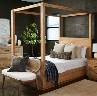 Clayton Poster Bed - King, styled shot, bed frame, four poster bed, poster bed, canopy bed, mango wood, organic modern, sustainable furniture, liamandlana.com