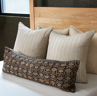 Anika Pillow - 14" x 42", styled shot 1, block print pillow, linen pillow, handmade pillow, brown throw pillow, decorative pillow, zipper closure, down feather insert, liamandlana.com