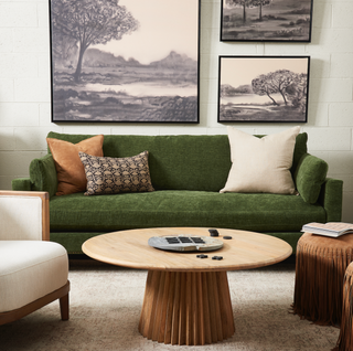 Serena Coffee Table, styled shot, round, fluted base, mango wood, sustainable furniture, handmade table, 42" coffee table, liamandlana.com
