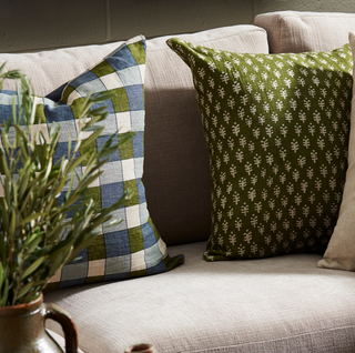 Ezra Pillow 22" x 22" - Earth, styled shot, throw pillow, linen, plaid pillow, green, blue, sustainable, handmade, fill included, liamandlana.com