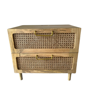 Jackson Nightstand, front side, bedside table, drawer, rattan, cane, mango wood, bedroom, sustainable furniture, organic modern, liamandlana.com