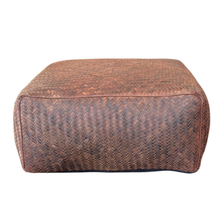 Handwoven Leather Pouf - Dark Brown, front side, pouf ottomans, ottoman poufs, poufs, ottoman, leather ottoman, living room ottoman, genuine leather, cotton filled, handmade, liamandlana.com