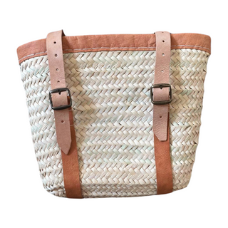 Small Leather Trimmed Backpack, front side, backpack, backpack for traveling, beach bag, straw bag, straw backpack, french market bag, market basket with leather straps, handmade bag, summer bag, liamandlana.com