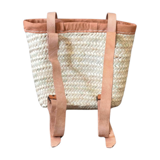 Small Leather Trimmed Backpack, back side, backpack, backpack for traveling, beach bag, straw bag, straw backpack, french market bag, market basket with leather straps, handmade bag, summer bag, liamandlana.com