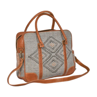Freya Laptop Bag, side angle, laptop bag, bag for laptops, women's laptop bag, work bag, tote bag, travel bag, laptop tote bag, work bag women's, hand-woven bag, kilim fabric, genuine leather, luxury bag, fashion, handmade bag, liamandlana.com
