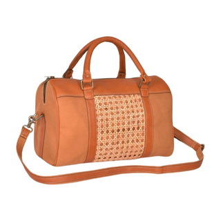 Cane & Leather Mini Duffle Bag, side angle, weekender bag, duffle bag, travel bag, mini duffle bag, overnight bag, genuine leather, recycled canvas, woven cane, barrel bag, handmade bag, liamandlana.com