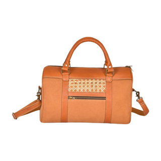 Cane & Leather Mini Duffle Bag, back side, weekender bag, duffle bag, travel bag, mini duffle bag, overnight bag, genuine leather, recycled canvas, woven cane, barrel bag, handmade bag, liamandlana.com