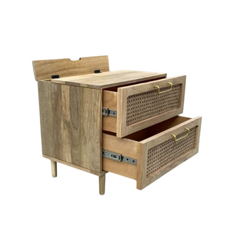 Jackson Nightstand, opened, bedside table, drawer, rattan, cane, mango wood, bedroom, sustainable furniture, organic modern, liamandlana.com