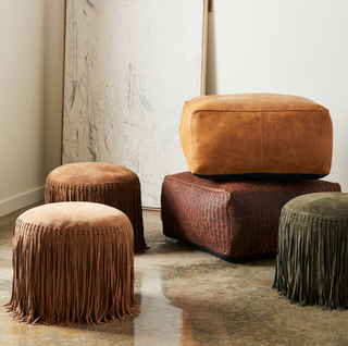 Square Leather Pouf - Cognac, styled shot, pouf ottomans, ottoman poufs, poufs, ottoman, leather ottoman, living room ottoman, genuine leather, cotton filled, handmade, liamandlana.com