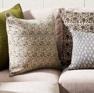 Lola Pillow - 22" x 22", styled shot, throw pillow, decorative, blue and green pillow, botanical block print, linen, handmade, sustainable, fill included, liamandlana.com