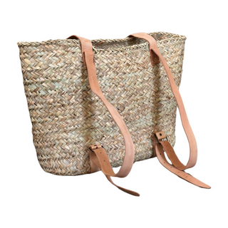 Market Backpack, side angle, backpack, backpack for traveling, beach bag, straw bag, straw backpack, french market bag, market basket with leather straps, handmade bag, summer bag, liamandlana.com