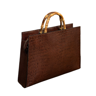 Mila Leather Tote - Brown, side angle, tote bag, tote bag leather, leather tote, bamboo straps, luxury bag, fashion, handmade bag, liamandlana.com