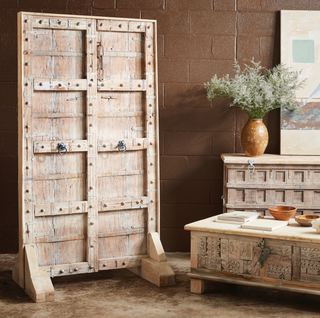 One-of-a-Kind Vintage Screen, styled shot, lighter finish, antique door, hand carver door, vintage, antique architecture, liamandlana.com