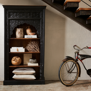 One-Of-A-Kind Tall Bookcase - Black, styled shot, bookshelf, vintage, tall bookcase, decorate bookcase, reclaimed wood, hand carved bookcase, sustainable furniture, liamandlana.com