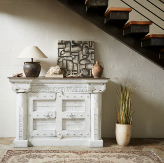 One-of-a-Kind Cabinet - White, styled shot, cabinet, accent cabinet, accent cabinet with doors, vintage, reclaimed wood, handcarved, sustainable furniture, liamandlana.com