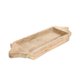 Wood Two Handle Rect. Parat, side angle, wood bowl, decorative bowl, reclaimed, wood parat, tabletop accessory, decor, one-of-a-kind bowl, handmade, natural wood grain, found wooden bowl, liamandlana.com
