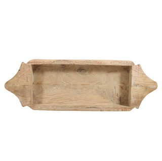 Wood Two Handle Rect. Parat, Top angle, wood bowl, decorative bowl, reclaimed, wood parat, tabletop accessory, decor, one-of-a-kind bowl, handmade, natural wood grain, found wooden bowl, liamandlana.com