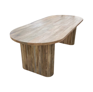 Serena Oval Dining Table, side angle, dining table, dining room table, dining table oval, fluted base, natural finish, sustainable furniture, mango wood, handmade table, liamandlana.com