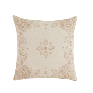 Zuni Pillow 22" x 22", front side, throw pillow, decorative, linen, block-printed, bandana, beige, handmade, sustainable, fill included liamandlana.com