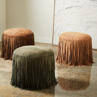 Suede Pouf with Fringe - Olive, styled shot, pouf ottoman, ottoman poufs, poufs, suede pouf with fringe, green ottoman, living room pouf, cotton filled, handmade, liamandlana.com
