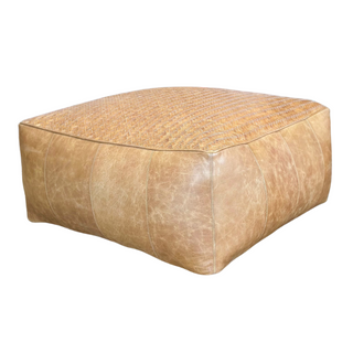 Top Handwoven Leather Pouf - Tan, side angle, pouf ottomans, ottoman poufs, poufs, ottoman, leather ottoman, living room ottoman, genuine leather, cotton filled, handmade, liamandlana.com