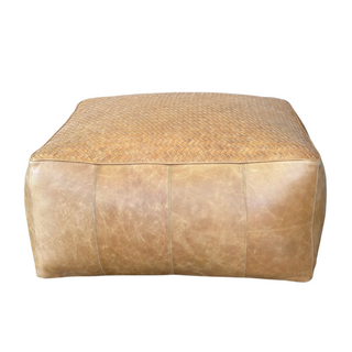 Top Handwoven Leather Pouf - Tan, front side, pouf ottomans, ottoman poufs, poufs, ottoman, leather ottoman, living room ottoman, genuine leather, cotton filled, handmade, liamandlana.com
