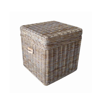 Blakely End Table Trunk, front side, end table, living room end tables, side tables, accent table, end table with storage, table trunk, kubu weave, sustainable furniture, organic modern, handmade table, liamandlana.com