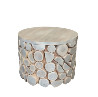 Rowan Accent Table, front side, round side table, end table, mango wood, tree stump, driftwood pieces, handmade, sustainable, liamandlana.com