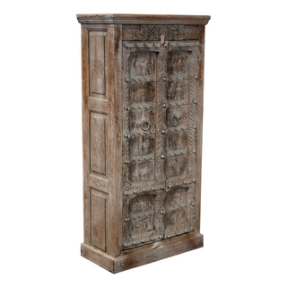 One-Of-A-Kind Tall Bookcase - Natural, front side, bookshelf, vintage, tall, decorate, cabinet, vintage furniture, reclaimed wood, hand carved cabinet, sustainable furniture, liamandlana.com