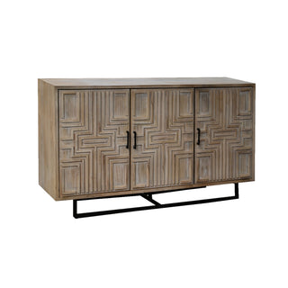 One-Of-A-Kind Geo Sideboard - Natural, front side, buffet table, buffet cabinet, vintage, reclaimed wood, handcarved, sustainable furniture, liamandlana.com