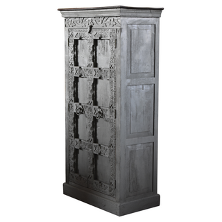 One-Of-A-Kind Tall Bookcase - Black, front side,, bookshelf, vintage, tall cabinet, black, decorate bookcase, reclaimed wood, hand carved bookcase, sustainable furniture, liamandlana.com
