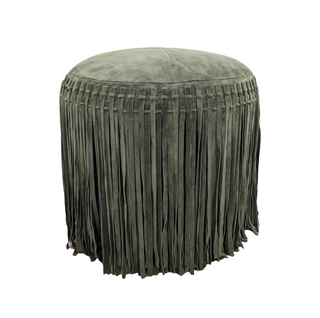 Suede Pouf with Fringe - Olive, front side, pouf ottoman, ottoman poufs, poufs, suede pouf with fringe, green ottoman, living room pouf, cotton filled, handmade, liamandlana.com 