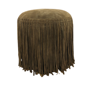 Suede Pouf with Fringe - Brown, front side, pouf ottoman, ottoman poufs, poufs, suede pouf with fringe, brown ottoman, living room pouf, cotton filled, handmade, liamandlana.com 