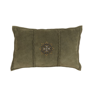 Vera Suede Pillow - Olive 16" x 24", front side, green suede pillows, handmade pillow, decorative pillow, green throw pillow, olive throw pillow, lumbar pillow, zipper closure, down feather insert, liamandlana.com