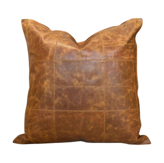 Divya Leather Pillow - Cognac 22" x 22", front side, genuine leather, handmade pillow, brown throw pillow, decorative pillow, zipper closure, down feather insert, liamandlana.com