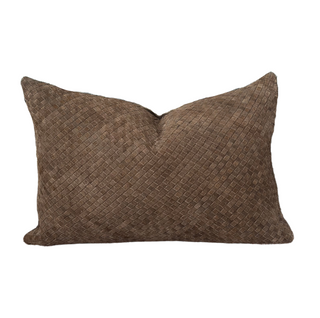 Raina Woven Lumbar Pillow - Brown 16" x 24", front side, handwoven pillow, handmade pillow, suede pillow, decorative pillow, brown throw pillow, brown woven pillow, lumbar pillow, zipper closure, down feather insert, liamandlana.com